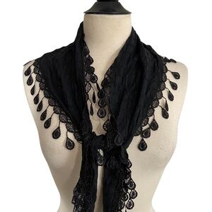 Black Cotton Blend Scarf Shawl Lace Trim Fringe Goth Boho Lagenlook 9"x72"